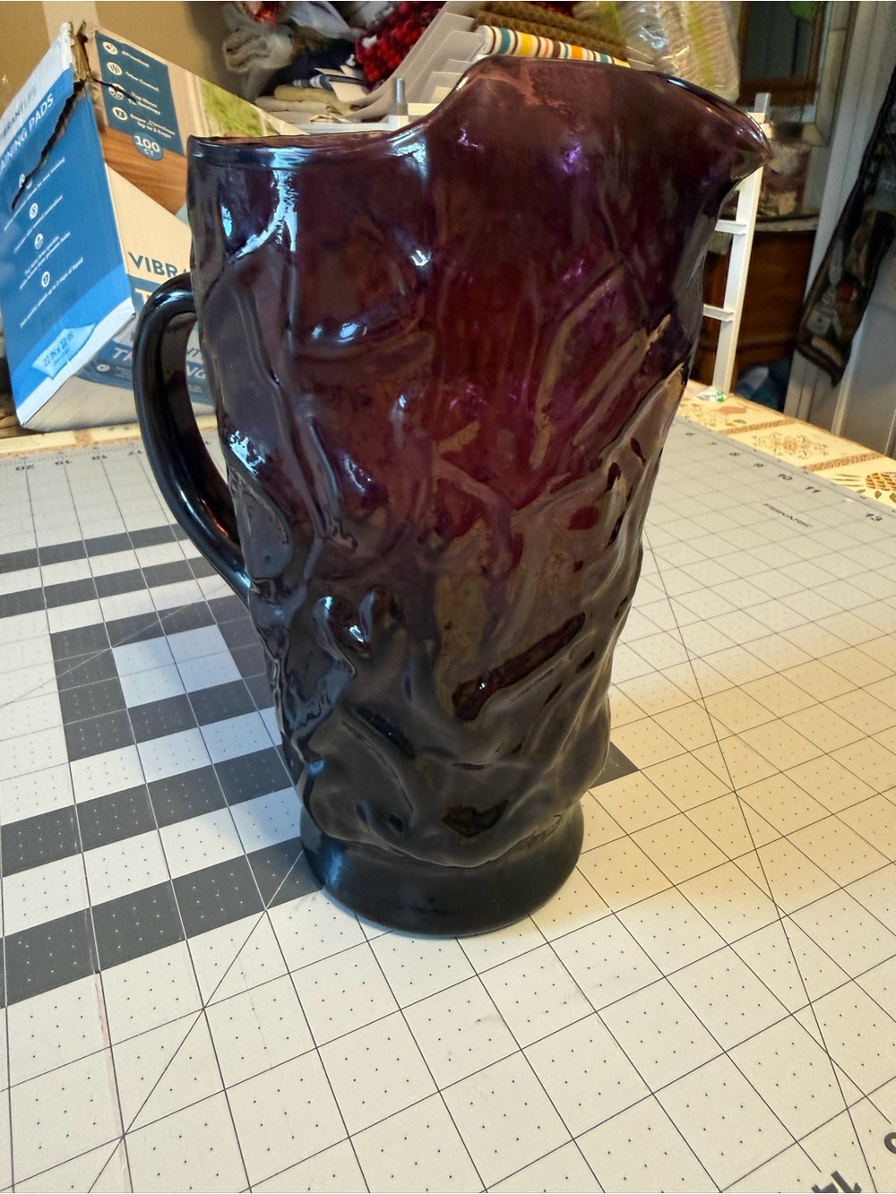 vintage Seneca Glass pitcher in the "Driftwood" pattern